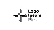 Logo mark with geometric shapes next to the text 'Logo ipsum Plus' on a dark background.